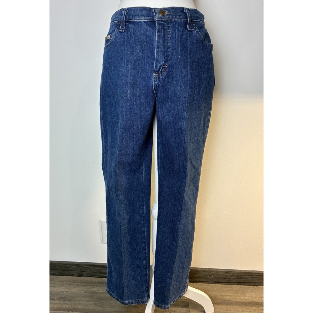 Lee Relaxed Straight Leg Jeans Women's 10 Petite Dark Wash Mid Rise Stretch